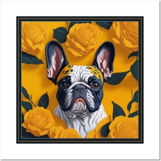 Dogs, French Bulldog and flowers, dog, style vector (yellow version French Bulldog) Posters and Art